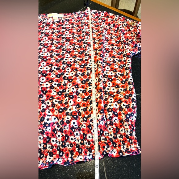 Michael Kors Blouse Tab 1/2sleeves Smocked Waist Geranium Red White Navy SZ. Med - Picture 12 of 13